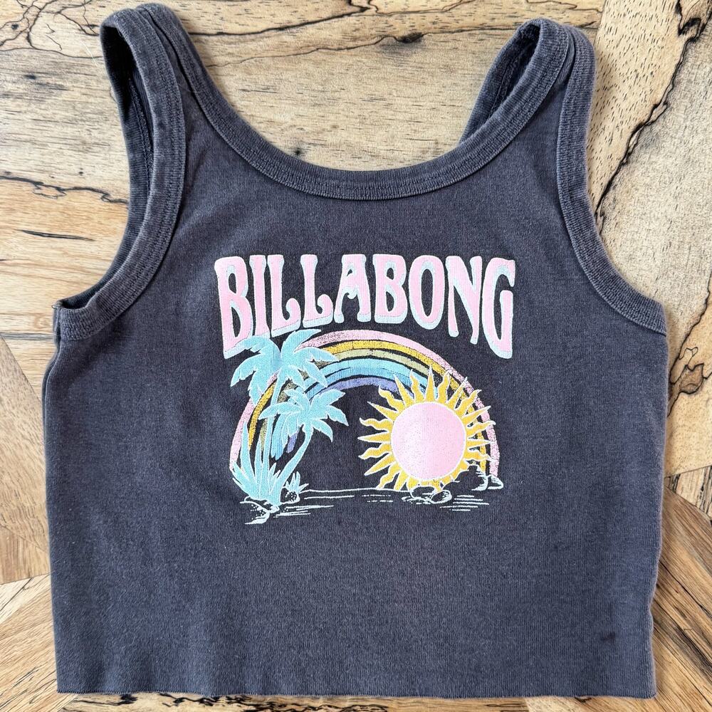 Billabong Sun Lover Distressed Cropped Tank Top Faded Charcoal Black - Medium